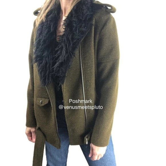 H&M Women Sz S Wool Blend Faux Fur Moto Jacket Olive Casual Fall Coat Aviator - Picture 1 of 13